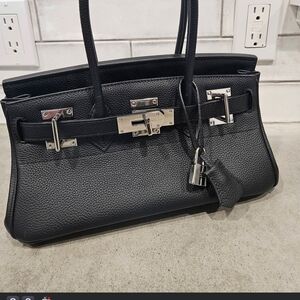 Structured Black Leather Satchel with Silver Hardware